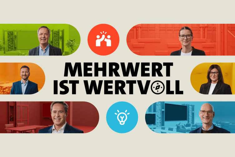 In der Mitte steht in Großbuchstaben Mehrwert ist wertvoll. Drum herum sind Porträts von vier Mitarbeitern und zwei Mitarbeiterinnen der IBB vor unterschiedlich farbigen Hintergründen angeordnet.