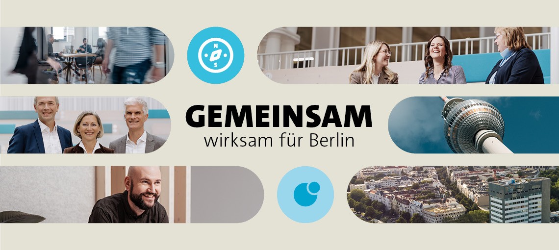 Zu sehen sind mehrere Bilder von lachenden Menschen sowie vom Berliner Fernsehturm und dem IBB-Gebäude. In der Mitte steht der Slogan Gemeinsam wirksam für Berlin.
