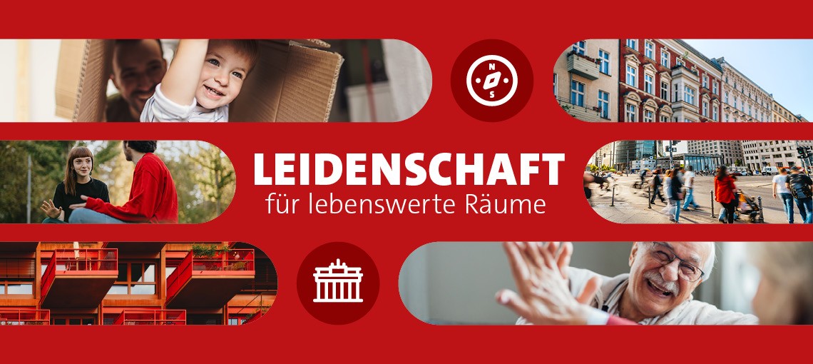 Auf einem roten Hintergrund sind mehrere Fotos von Menschen unterschiedlichen Alters zu sehen. In der Mitte des Bildes steht in Großbuchstaben Leidenschaft für lebenswerte Räume.