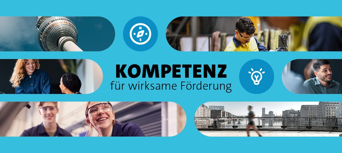 Auf einem blauen Hintergrund sind mehrere Fotos von Menschen bei der Arbeit sowie vom Berliner Fernsehturm zu sehen. In der Mitte des Bildes steht in Großbuchstaben Kompetenz für wirksame Förderung.