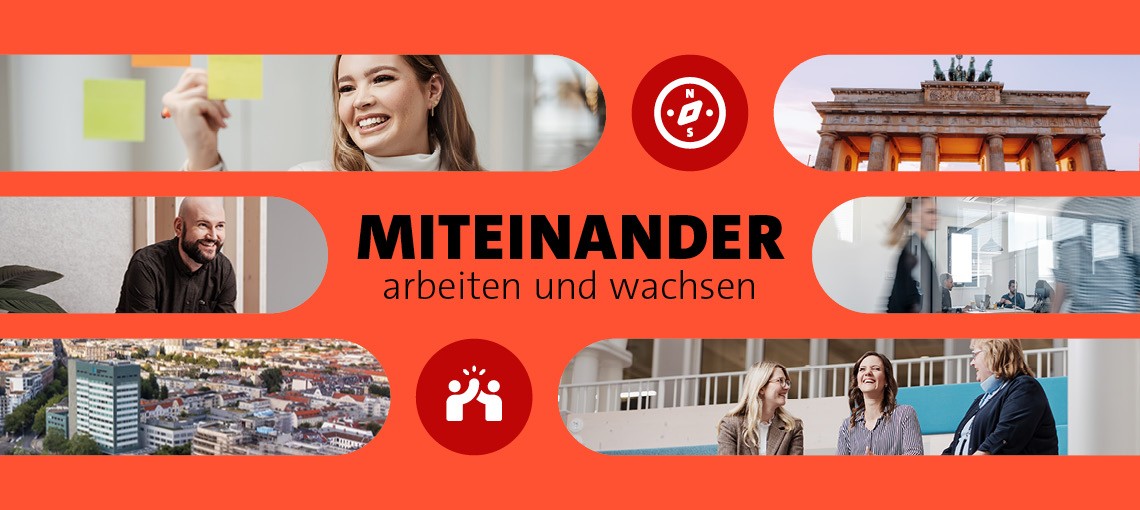 Auf einem roten Hintergrund sind mehrere Fotos von lachenden Menschen und vom Brandenburger Tor in Berlin zu sehen. In der Mitte des Bildes steht in Großbuchstaben Miteinander arbeiten und wachsen.