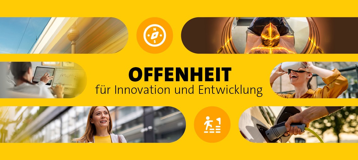 Auf einem gelben Hintergrund sind mehrere Fotos von Menschen und neuen Technologien zu sehen, darunter eine VR-Brille und der Zapfhahn einer E-Ladesäule. In der Mitte des Bildes steht in Großbuchstaben Offenheit für Innovation und Entwicklung.